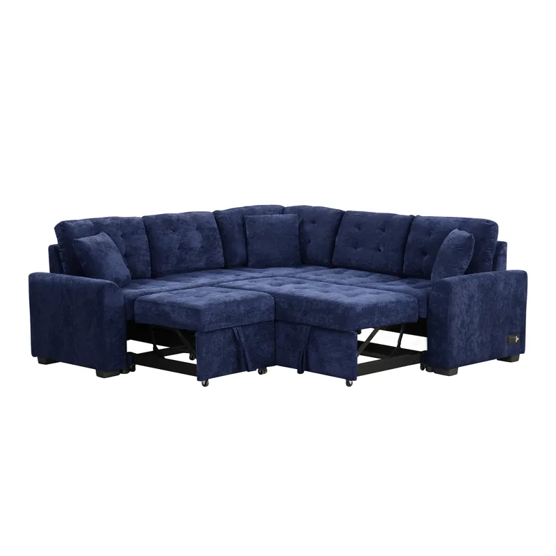 L-Shape Sofa Bed Pull-Out Sleeper Sofa With Wheels, USB Ports, Power Sockets For Living Room - Navy 