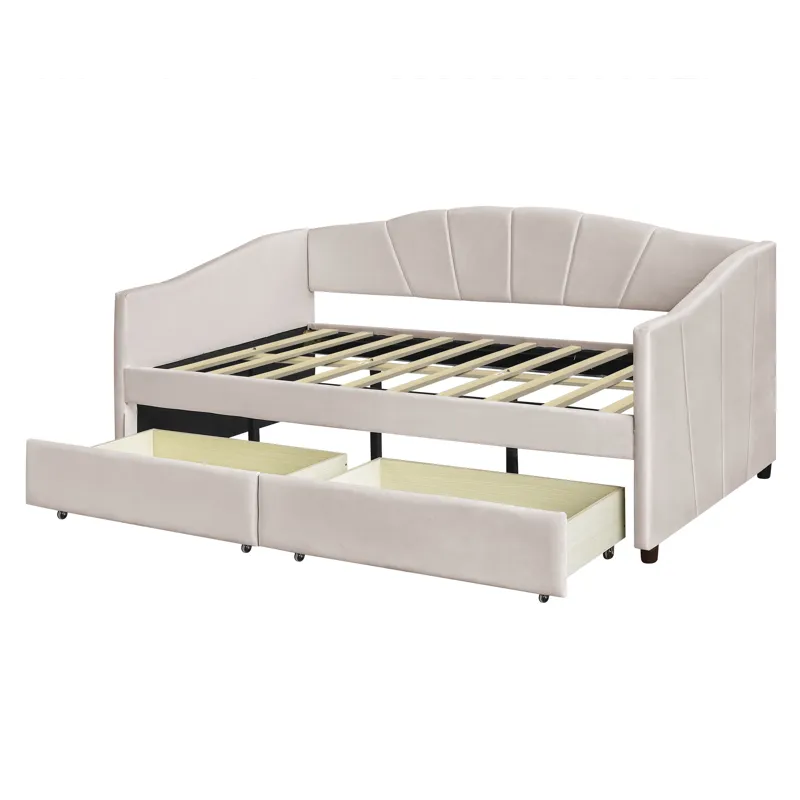 Twin Size Upholstered Daybed With Two Drawers And Wood Slat - Beige