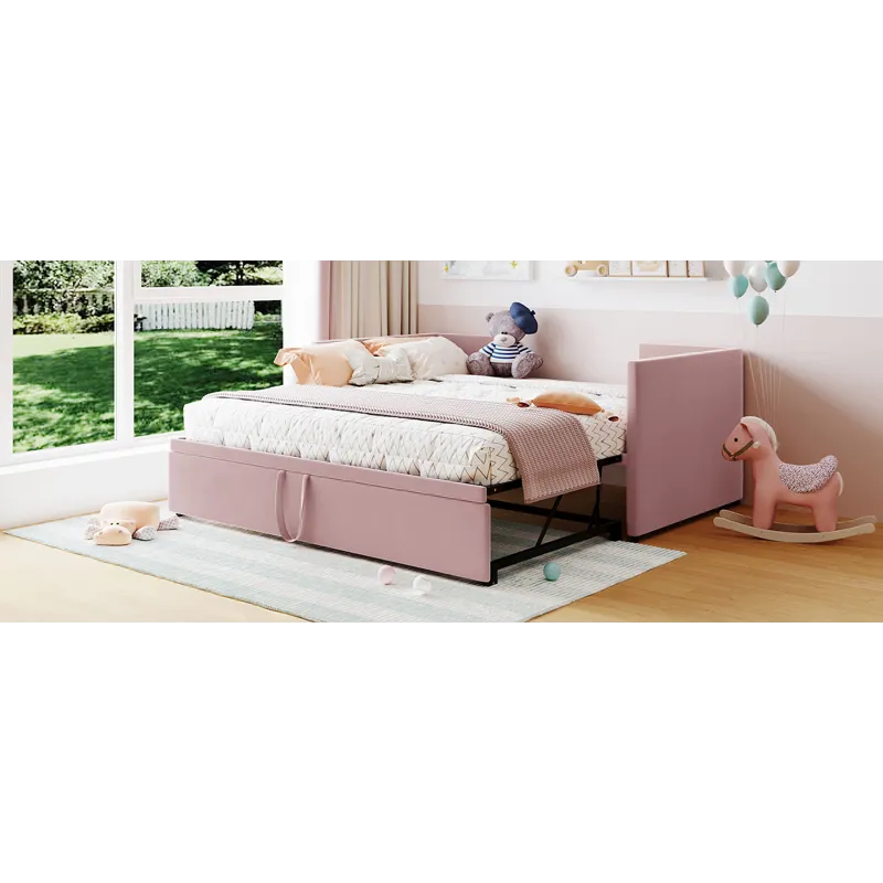 Twin Size Upholstered Daybed With Pop Up Trundle - Pink