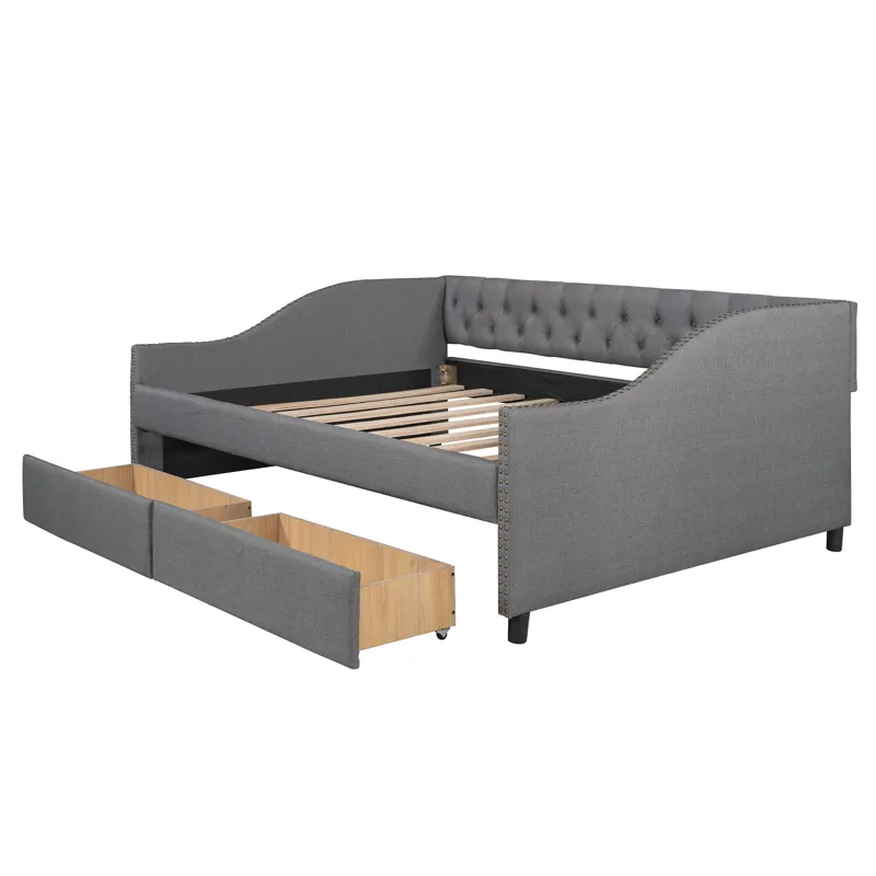 Full Size Upholstered Daybed With Two Drawers, Wood Slat Support - Gray