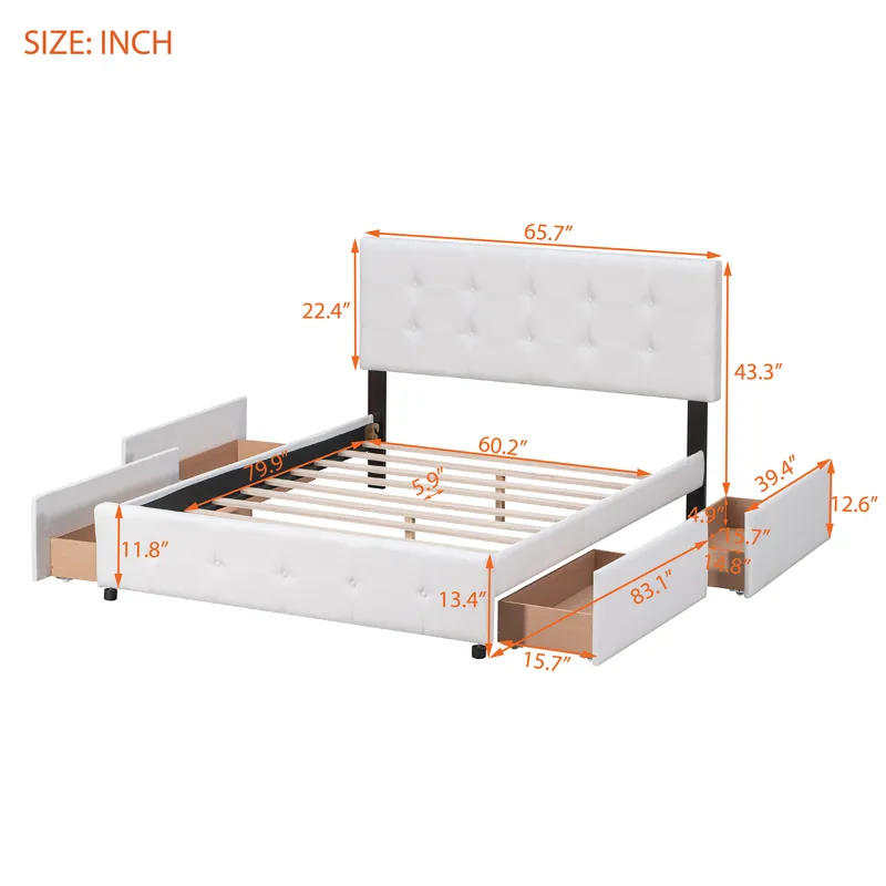 Queen Size Upholstered Platform Bed With Classic Headboard And 4 Drawers, No Box Spring Needed - Whi