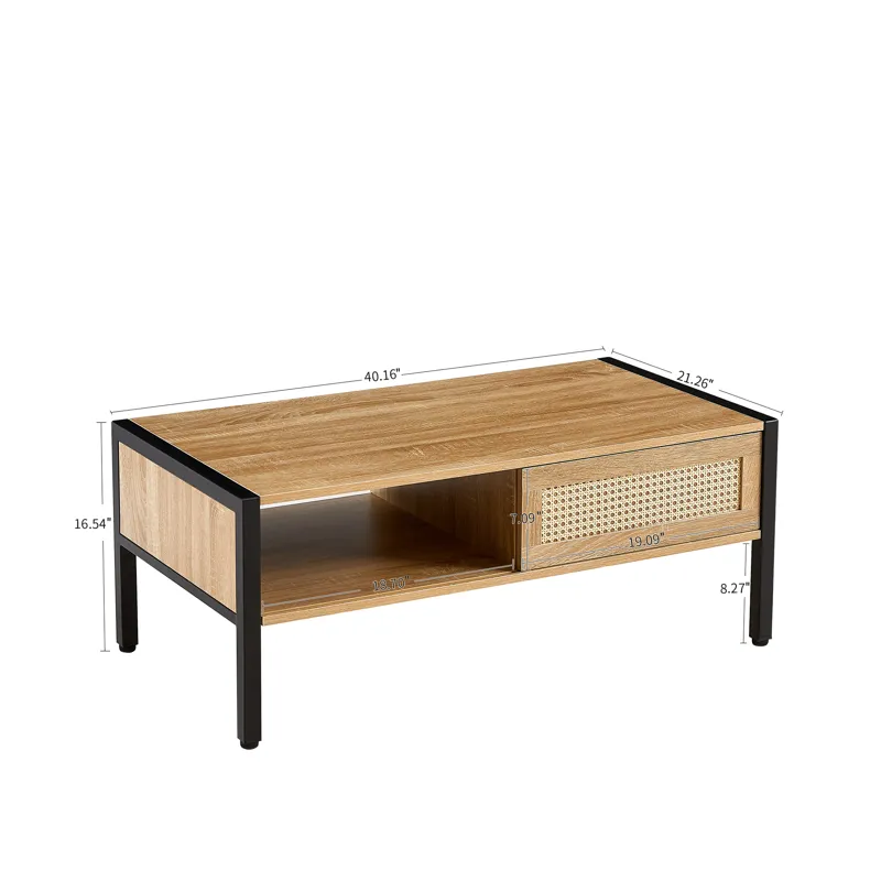 40.16\" Rattan Coffee Table, Sliding Door For Storage, Metal Legs, Modern Table For Living Room - Na