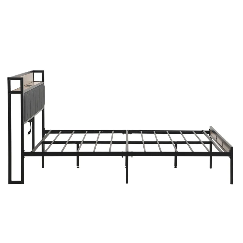Queen Size Metal Platform Bed Frame With Upholsteryolstery Storage Function Headboard And USB Liner 
