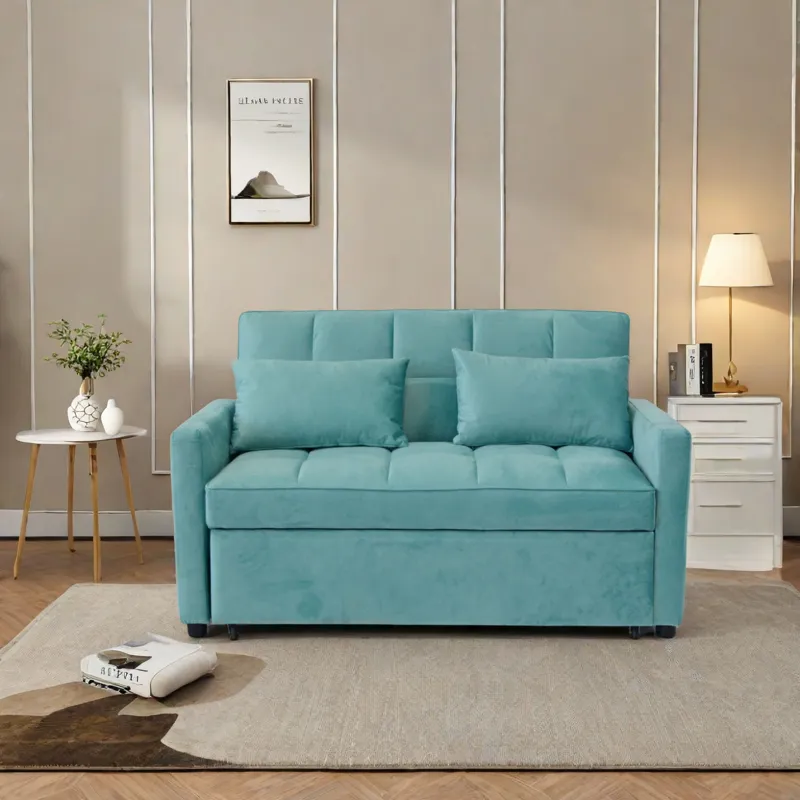 Velvet Two Seater Pull Out Sofa Bed, Adjustable Backrest With Three USB Ports, Two Side Pockets, 3 I