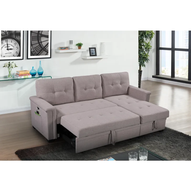 Ashlyn - Reversible Sleeper Sectional Sofa With Storage Chaise, USB Charging Ports And Pocket - Ligh