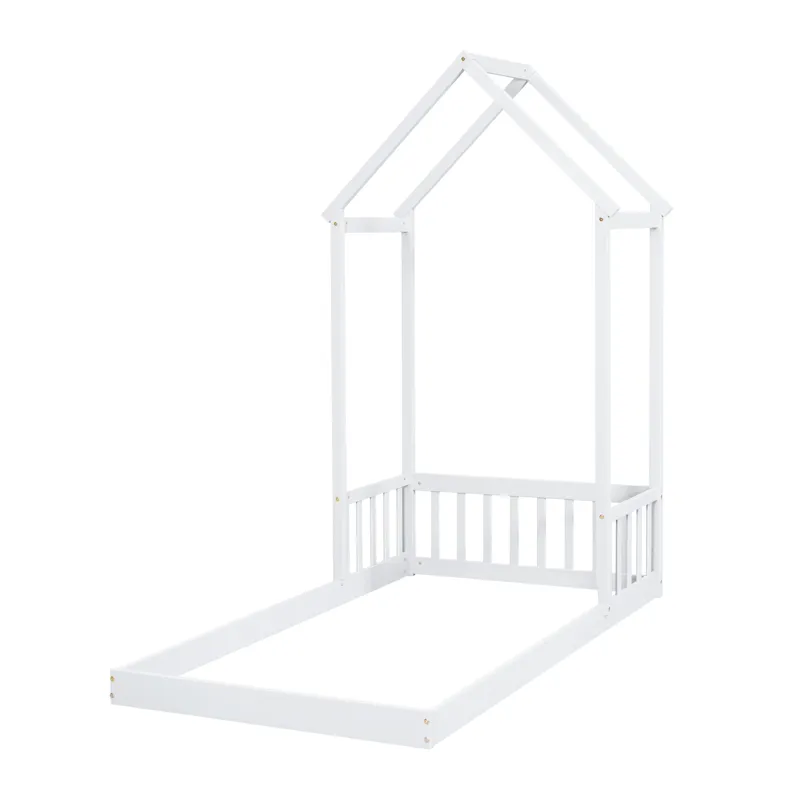 Twin House-Shaped Roof Headboard Floor Bed, (Without Slats) - White