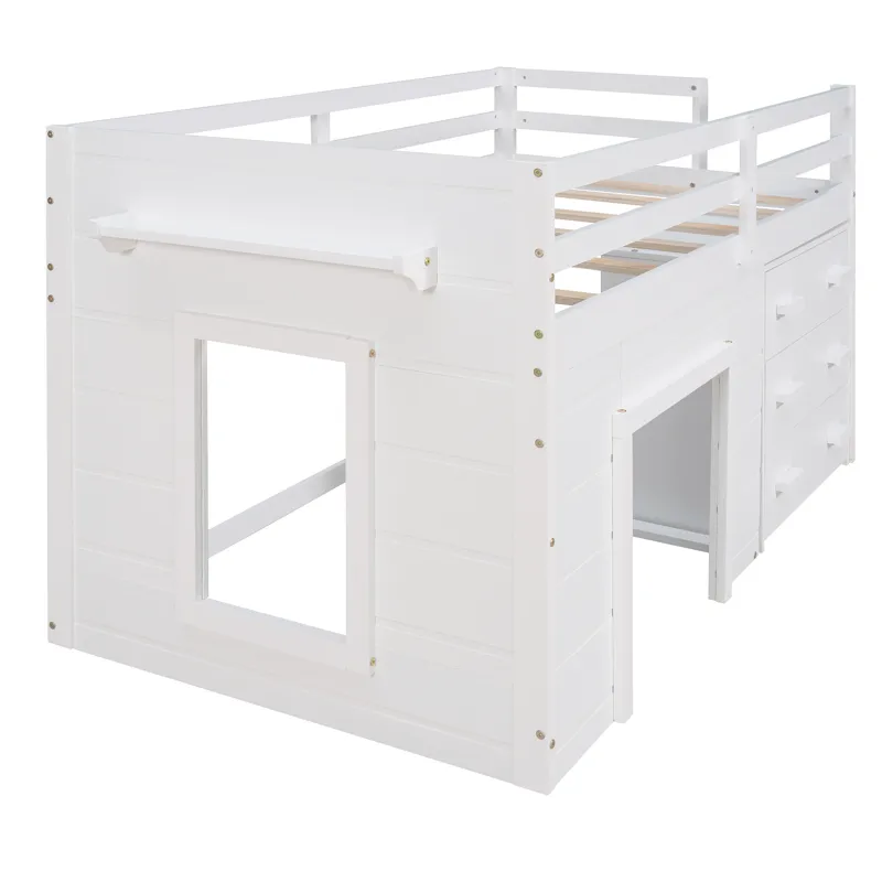 Twin Size Loft Bed With Cabinet And Shelf - White