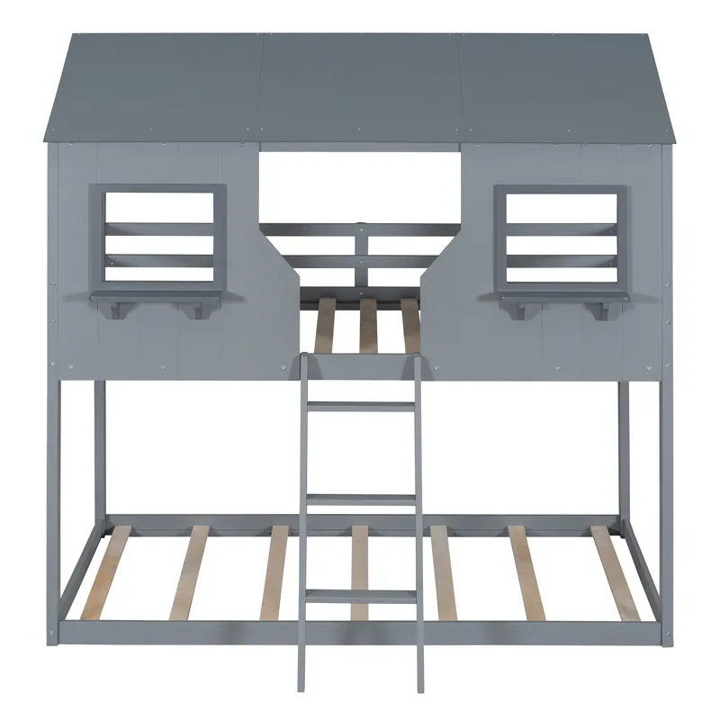 78\" Twin Over Twin Bunk Bed Wood Bed With Roof, Window, Guardrail, Ladder - Gray