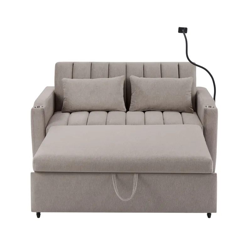 Convertible Sofa Bed Loveseat Sofa With Three USB Ports, Two Side Pockets, Two Cup Holders And 360° 