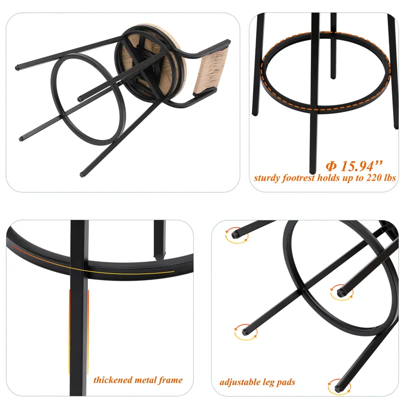 Honey Swivel Bar Stools Paper Rope Handwoven Barstools With Back (Set of 2) Rustic Round Counter Cha