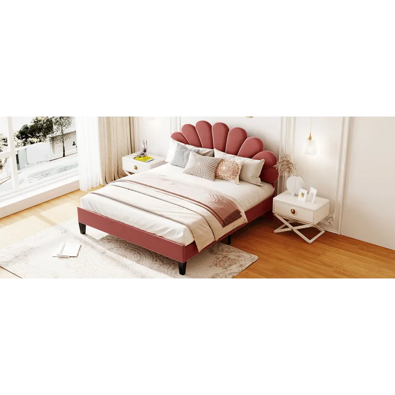 Queen Size Upholstered Platform Bed With Flower Pattern Velvet Headboard - Bean Paste Red