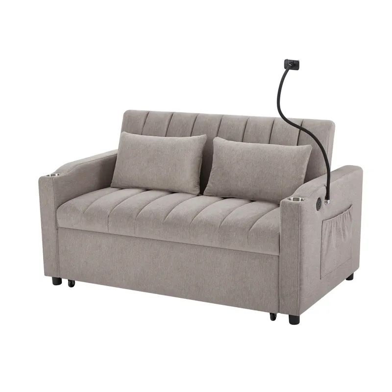 Convertible Sofa Bed Loveseat Sofa With Three USB Ports, Two Side Pockets, Two Cup Holders And 360° 