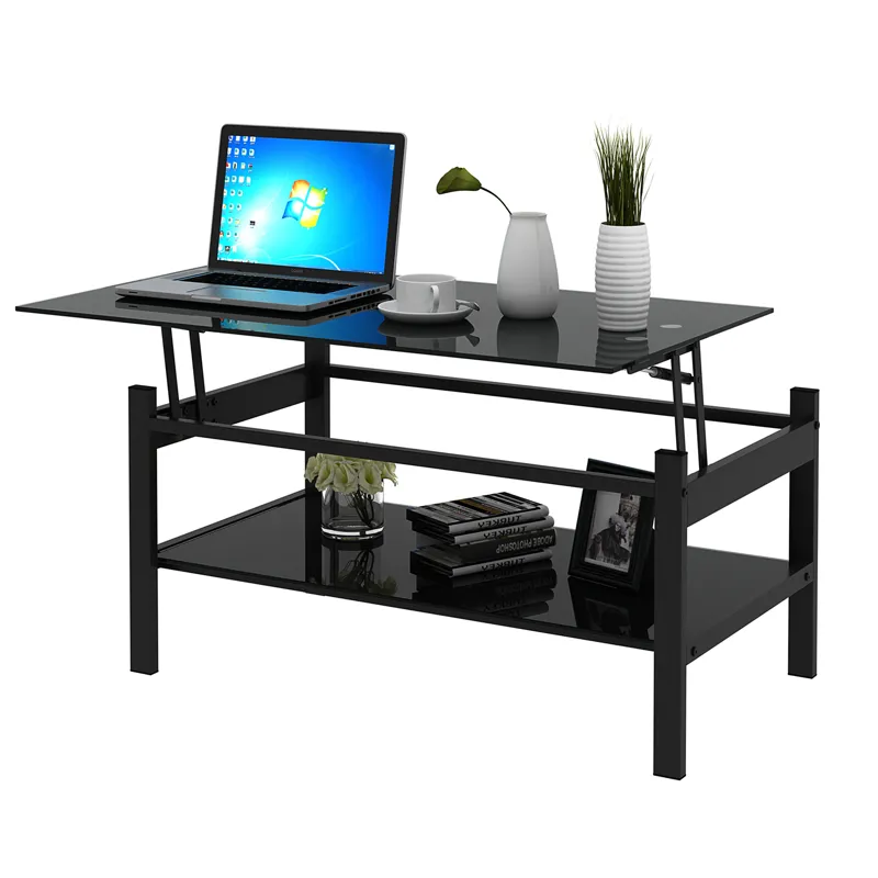 Glass Lift Top Coffee Table, Modern Simple 2-Layer Tempered Glass Coffee Table For Living Room - Bla