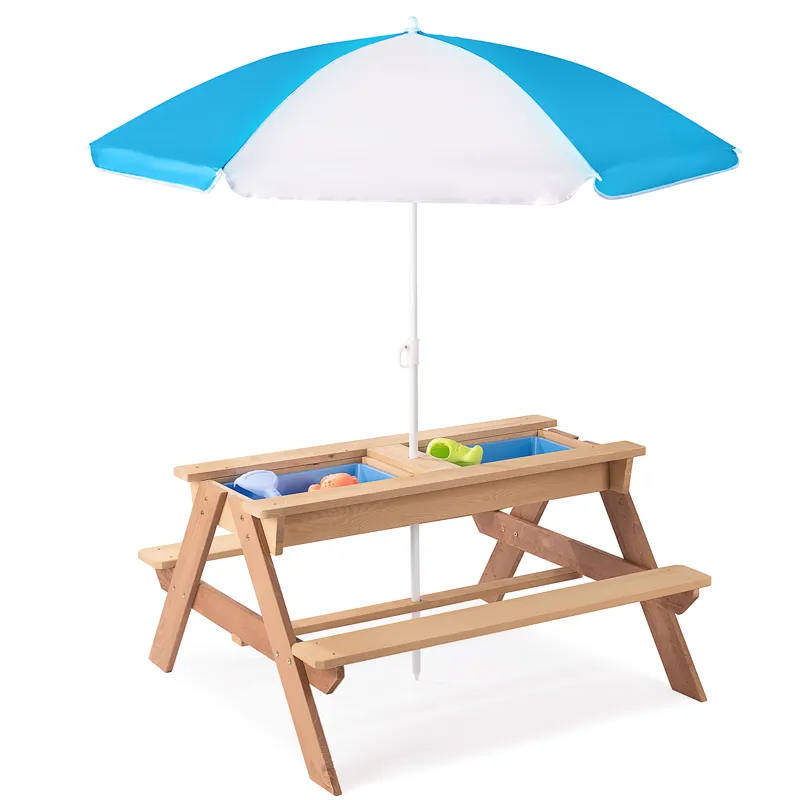 3-In-1 Kids Outdoor Wooden Picnic Table With Umbrella, Convertible Sand & Water, ASTM & CPSIA Certif