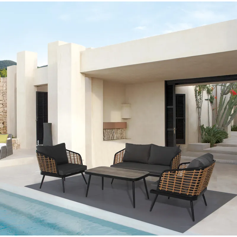 4 Pieces Patio Furniture Set, PE Rattan Wicker With Washable Cushion And Tempered Glass Tabletop, Co
