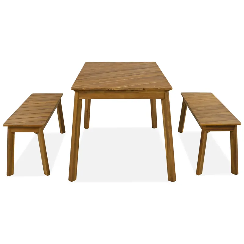 3 Pieces Acacia Wood Table Bench Dining Set For Outdoor & Indoor Furniture With 2 Benches, Picnic Be
