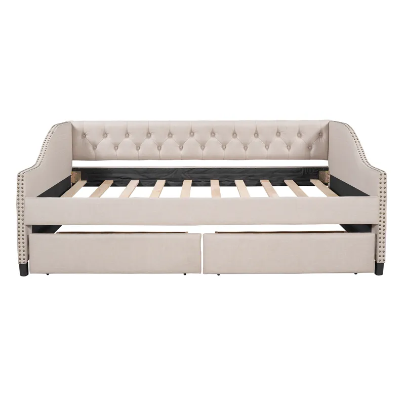 Full Size Upholstered Daybed With Two Drawers, Wood Slat Support - Beige