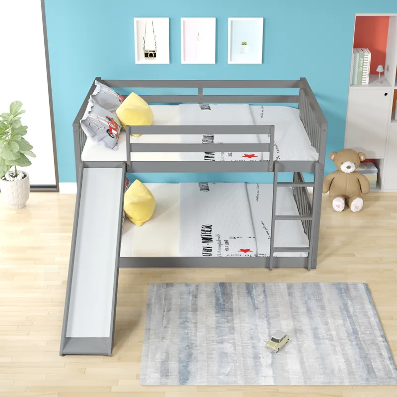 Full Over Full Bunk Bed With Slide And Ladder - Gray