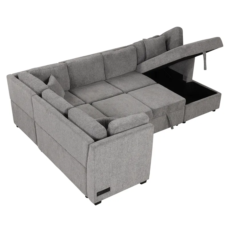 U-Shaped Sectional Sofa Pull Out Sofa Bed With Two USB Ports, Two Power Sockets, Three Back Pillows 