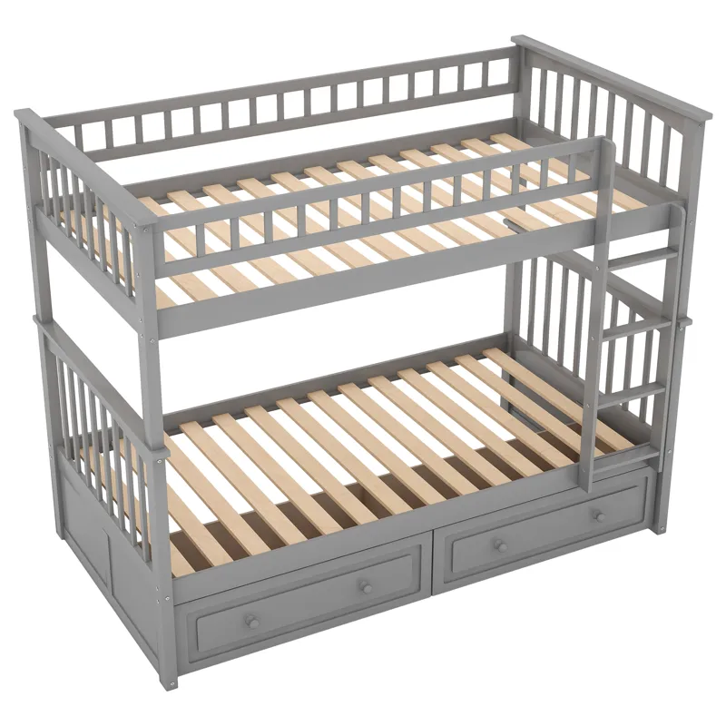 Twin Over Twin Bunk Bed With Drawers, Convertible Beds - Gray