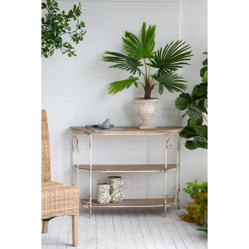 Three Tiered White Wooden Shelving Unit With Ornate Iron Frame - Multicolor