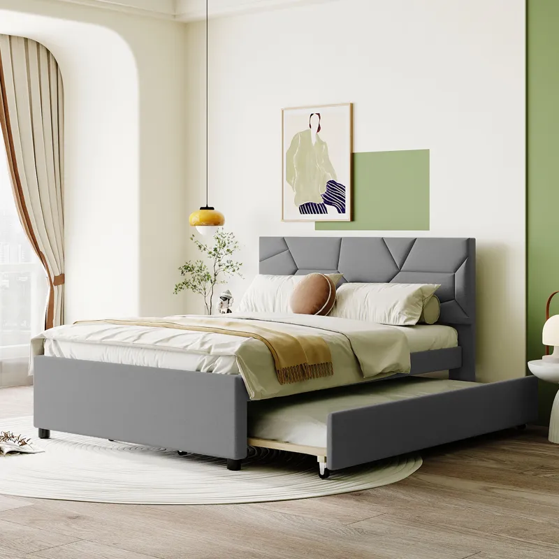 Full Size Upholstered Platform Bed With Brick Pattern Headboard And Twin Size Trundle, Linen - Gray