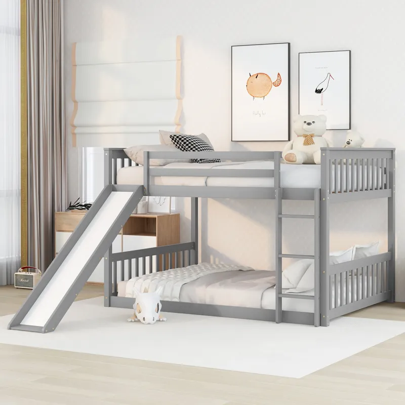 Full Over Full Bunk Bed With Slide And Ladder - Gray