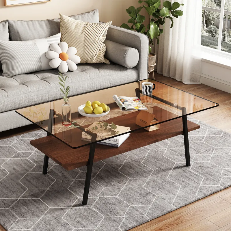Rectangle Coffee Table, Tempered Glass Tabletop With Metal Legs, Modern Table For Living Room - Brow