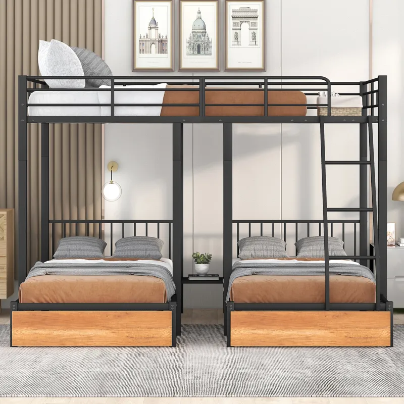 Full Over Twin & Twin Bunk Bed, Metal Triple Bunk Bed With Drawers And Guardrails - Black