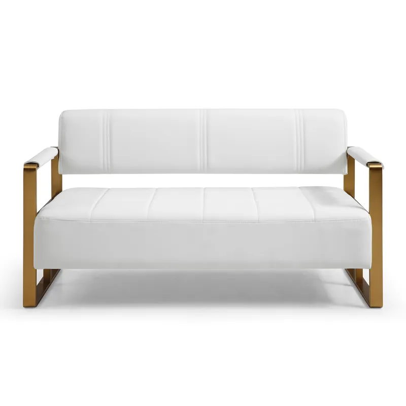 Modern Upholstery Accent Loveseat Sofa For Living Room 2 Seater With Golden Metal Arms - White