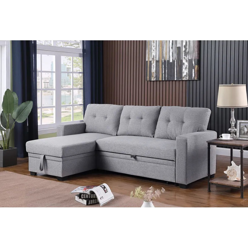 Upholstered Pull Out Sectional Sofa With Chaise - Light Gray