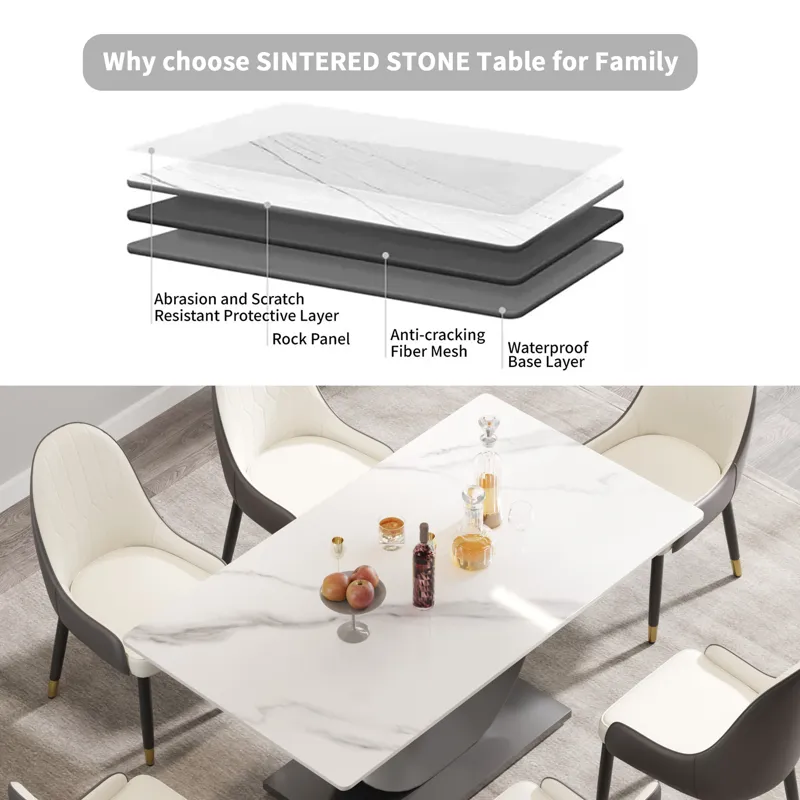 63\" Modern Artificial Stone Crescent-Shaped Metal Legs, Can Accommodate 6-8 People - White / Black