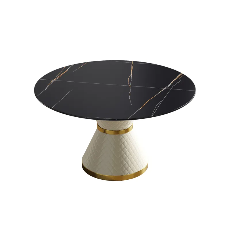 53.15\" Modern Artificial Stone Round Carbon Steel Base Dining Table, Can Accommodate 6 People - Bla