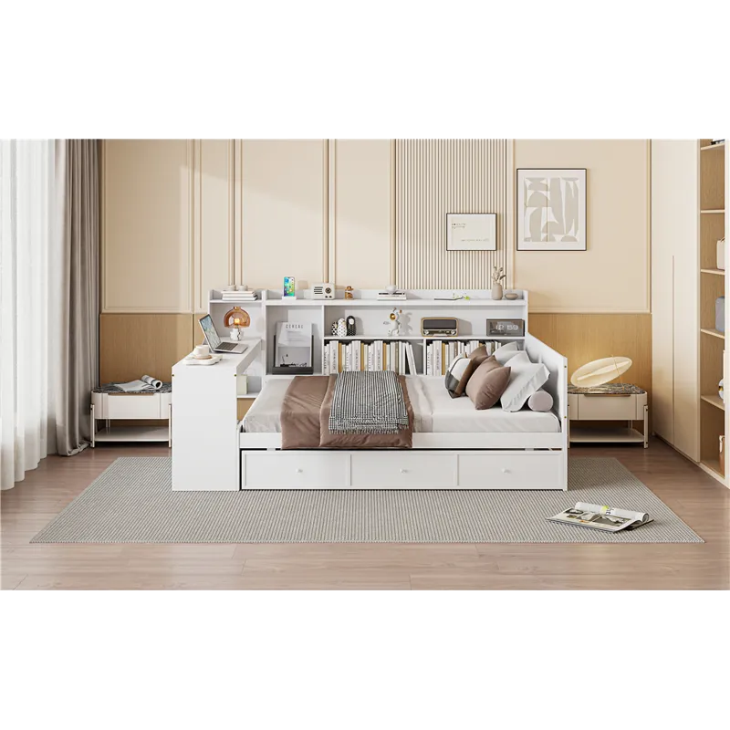 Full Size Wooden Daybed With 3 Drawers, USB Ports And Desk - White