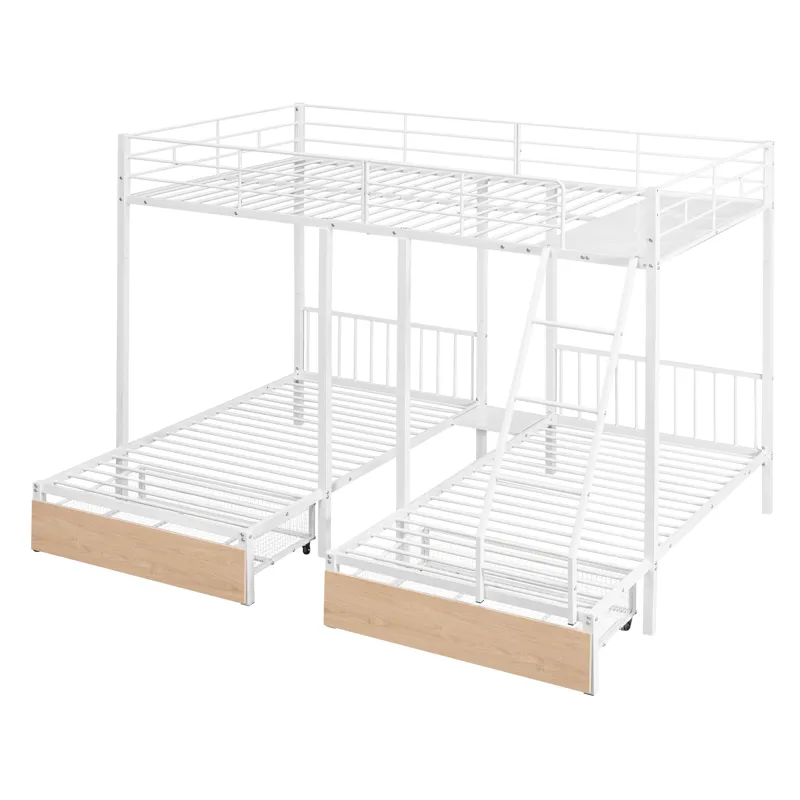 Full Over Twin & Twin Bunk Bed, Metal Triple Bunk Bed With Drawers And Guardrails - White
