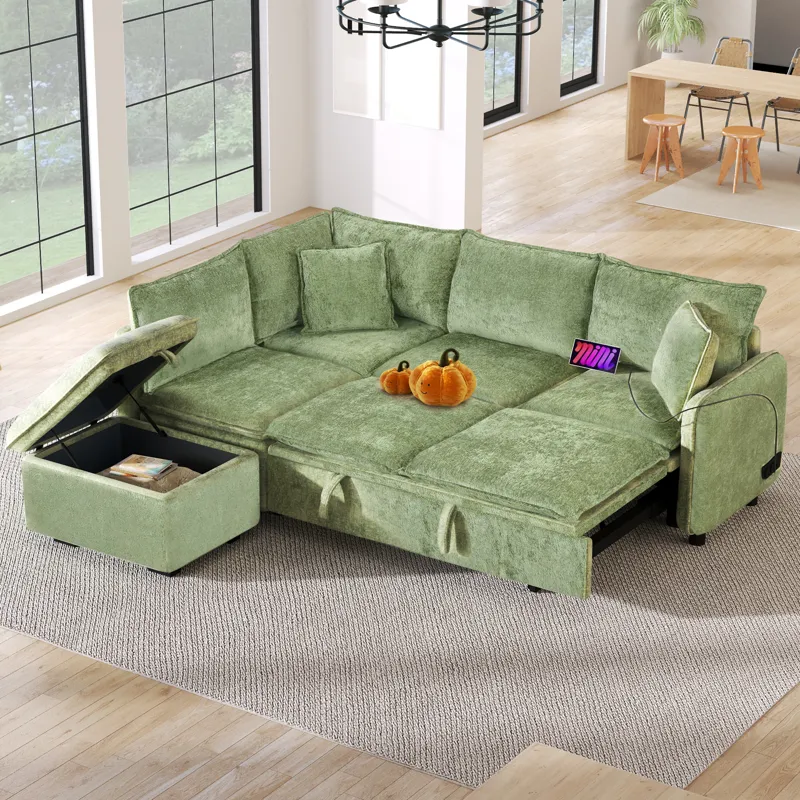 Convertible Sofa Bed Sectional Sofa Sleeper L-Shaped Sofa With A Storage Ottoman, Two Pillows, Two P