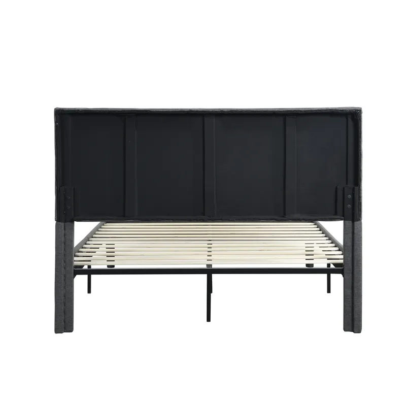 Full Size Upholstered Platform Bed Frame With Headboard, Strong Wood Slat Support, Mattress Foundati