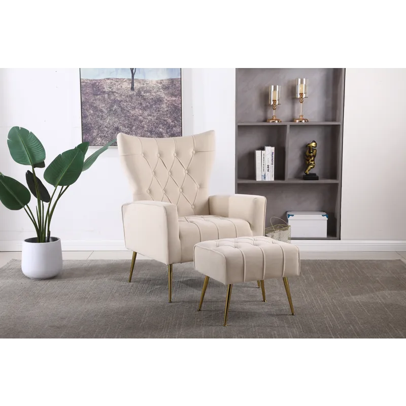 Modern Accent Chair With Ottoman, Comfy Armchair For Living Room, Bedroom, Apartment, Office - Beige