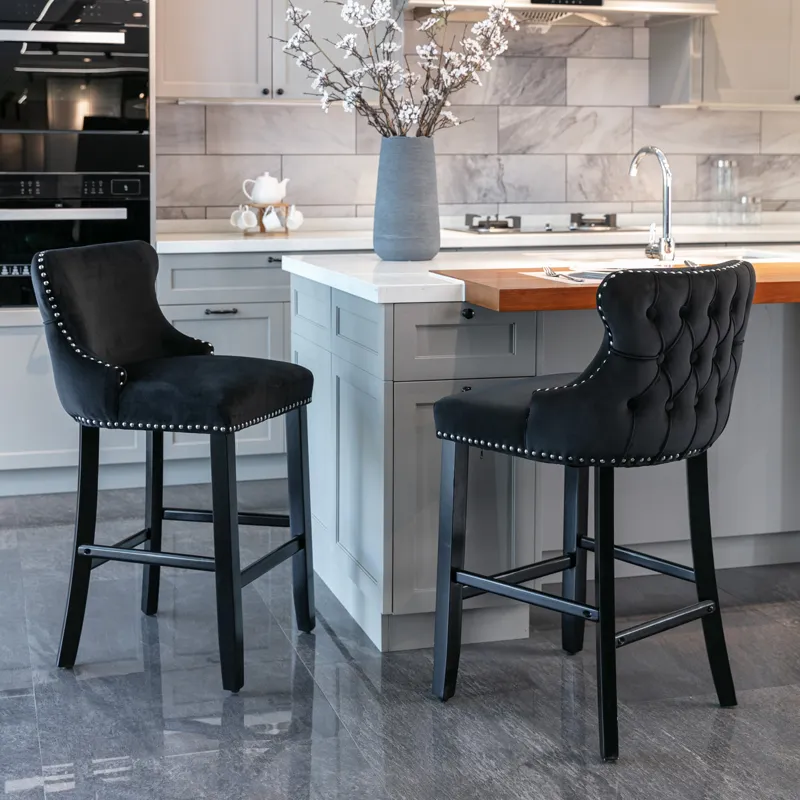 Contemporary Velvet Upholstered Wing-Back Barstools With Button Tufted Decoration And Wooden Legs, A