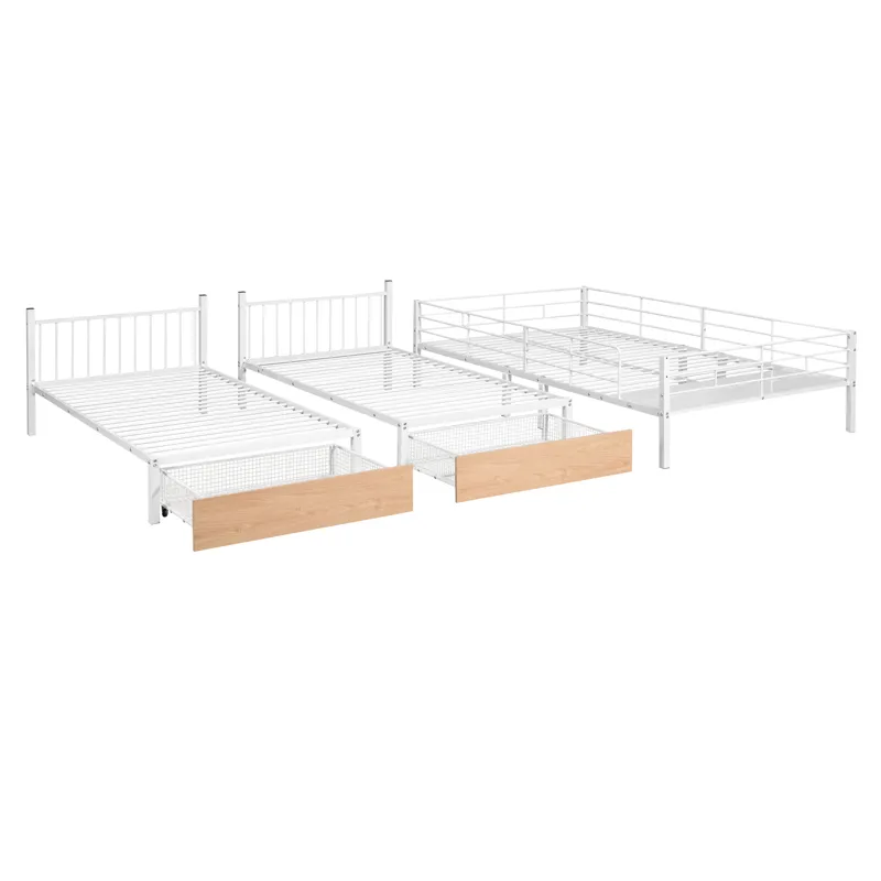 Full Over Twin & Twin Bunk Bed, Metal Triple Bunk Bed With Drawers And Guardrails - White