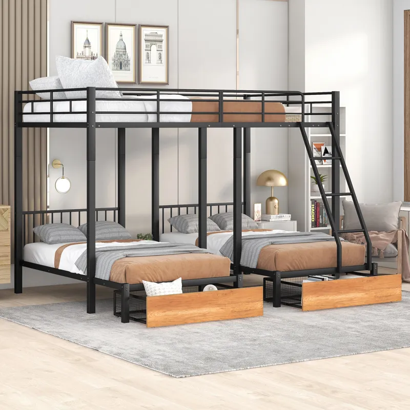 Full Over Twin & Twin Bunk Bed, Metal Triple Bunk Bed With Drawers And Guardrails - Black