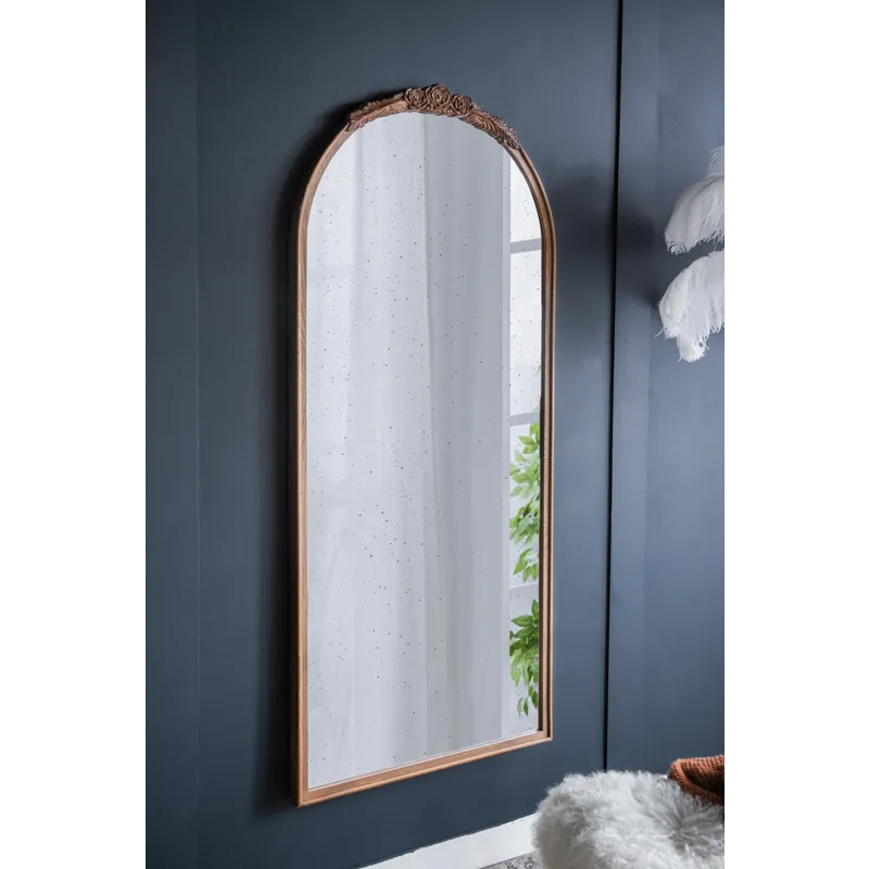 Hand Carved Rose Antique Mirror Frame, Large Arch Mirror Wall Decor For Living Room, Bathroom, Entry