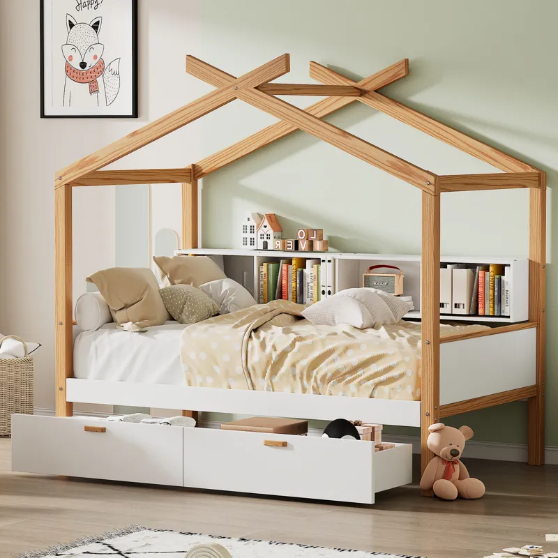Twin Size Wooden House Bed Original Wood Colored Frame With Two Drawers And Bookshelf Storage Space 