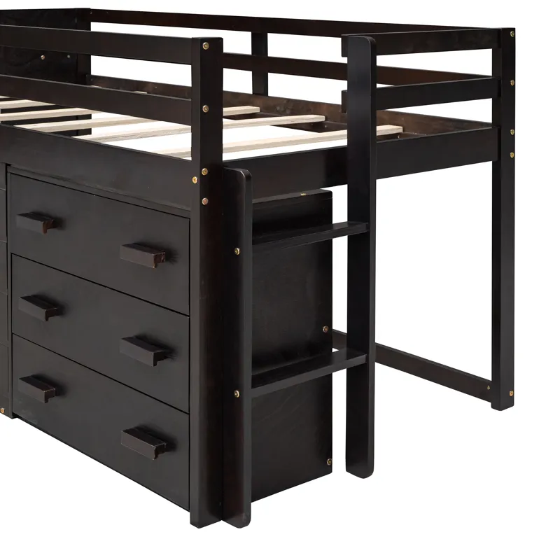 Twin Size Loft Bed With Cabinet And Shelf - Espresso