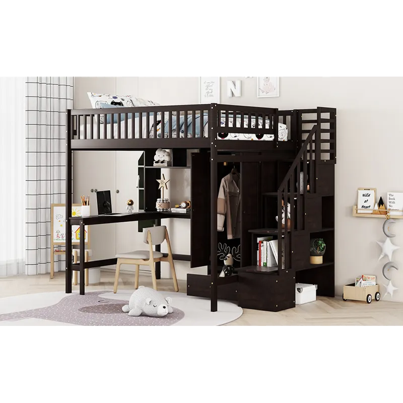Full Size Loft Bed With Bookshelf, Drawers, Desk, And Wardrobe - Espresso