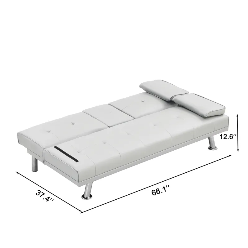 Futon Sofa Bed With Armrest Two Holders - White