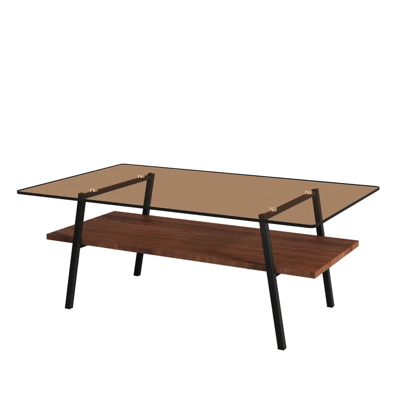 Rectangle Coffee Table, Tempered Glass Tabletop With Metal Legs, Modern Table For Living Room - Brow
