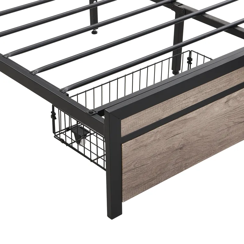 Queen Size Metal Platform Bed Frame With Upholsteryolstery Storage Function Headboard And USB Liner 