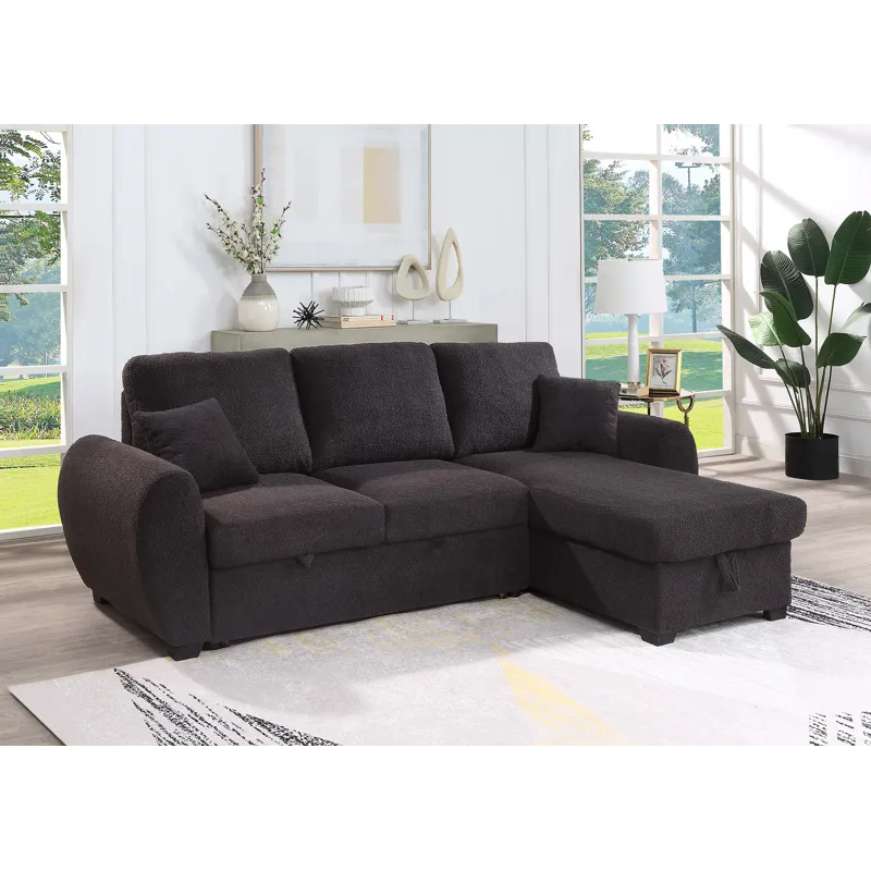 Veronica - Teddy Fleece Reversible Sleeper Sectional Sofa With Storage Chaise - Black