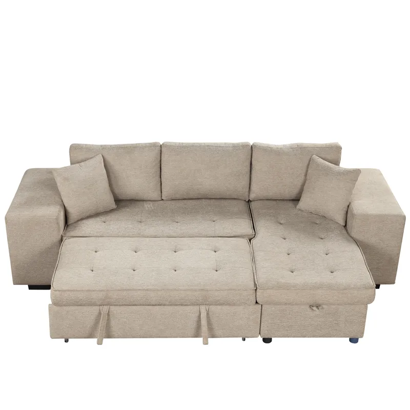Modern L-Shape 3 Seat Reversible Sectional Couch, Pull Out Sleeper Sofa With Storage Chaise And 2 St